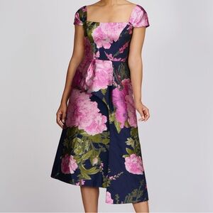 Kay Unger Blanca Sash Midi Dress Floral Navy Pink Size 6 NWT